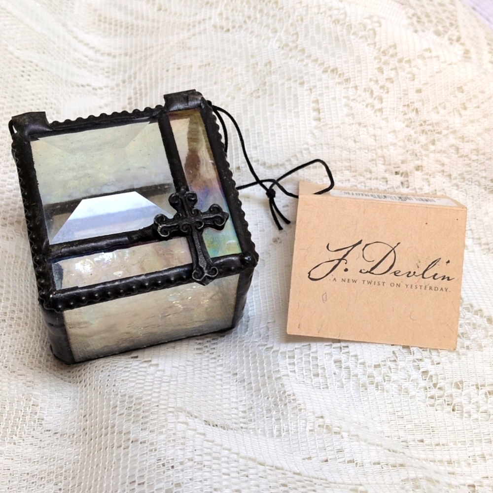 J. Devlin Beveled Glass Rosary Box Jewelry Trinket Iridescent Christian Religion